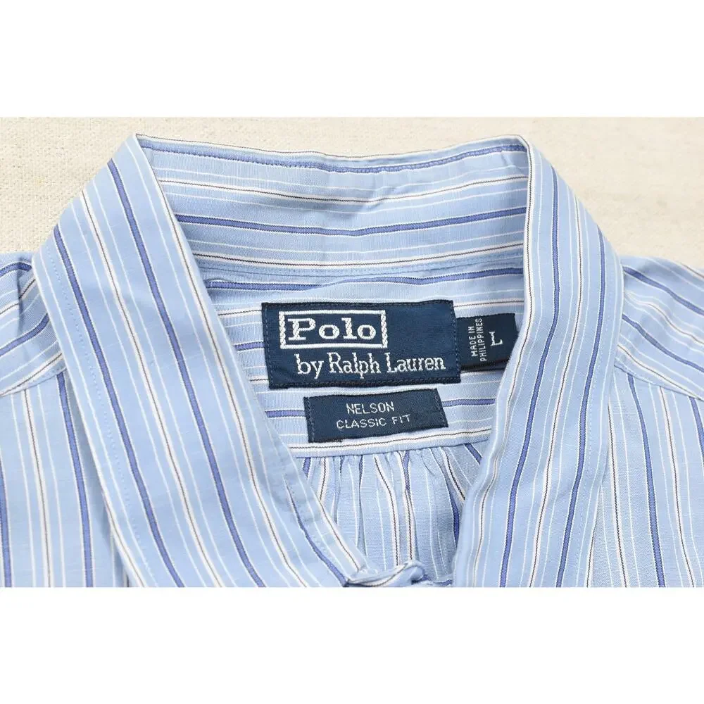 Polo Ralph Lauren Nelson Classic Fit Men's L Large Blue White Striped Long Sleev